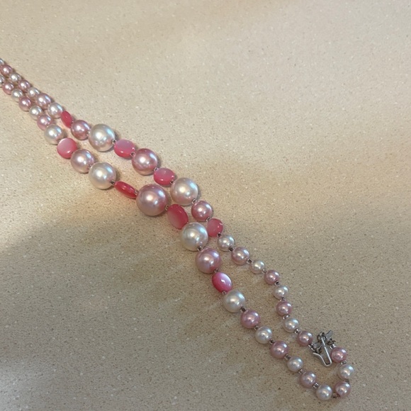 Vintage Japan stamped 2 strand pink and white pearls with moon glow discs - Picture 5 of 7